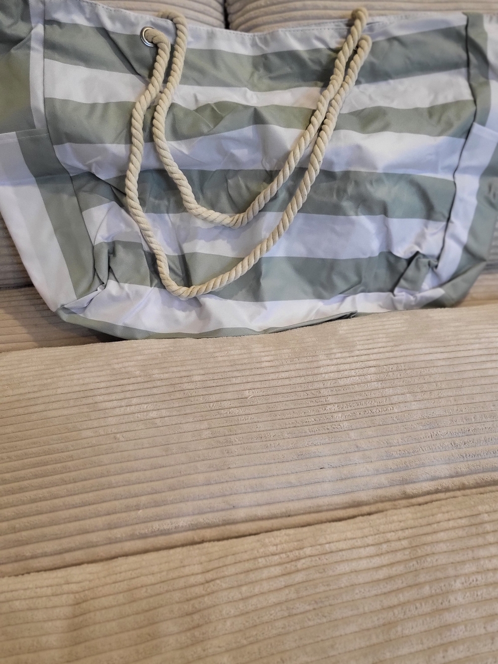 Striped Rope-Handle Beach Tote Bag - Sage & White